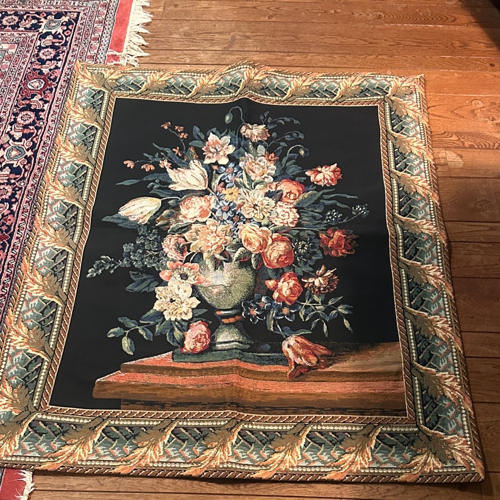 Vintage Floral Tapestry Wall Hanging in Black and Multicolor